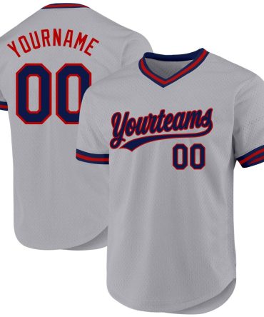 Custom Gray Navy-Red Authentic Throwback Baseball Jersey