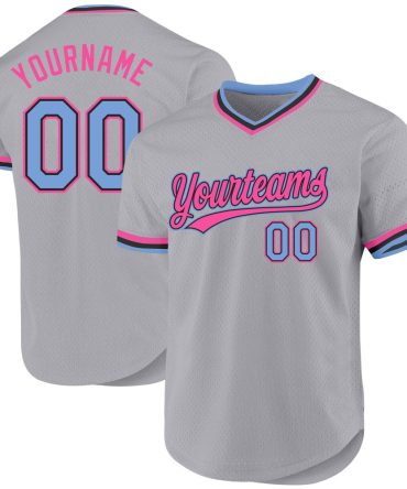 Custom Gray Light Blue Black-Pink Authentic Throwback Baseball Jersey