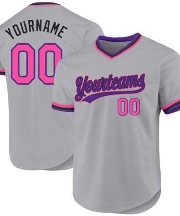 Custom Gray Pink Purple-Black Authentic Throwback Baseball Jersey