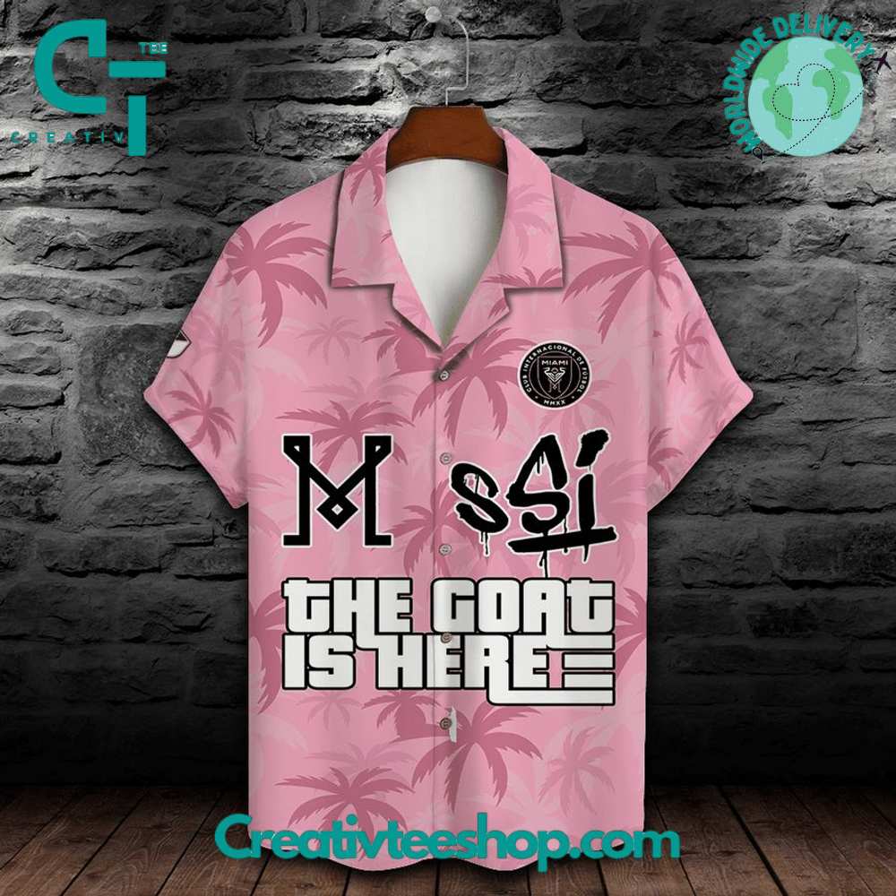 Inter Miami Leo Messi The Goat Is Here Pink Hawaiian Shirt - Image 2