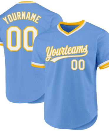 Custom Light Blue White-Gold Authentic Throwback Baseball Jersey