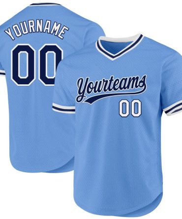 Custom Light Blue Navy-White Authentic Throwback Baseball Jersey
