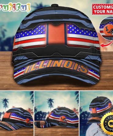 Ncaa Illinois Fighting Illini Baseball Cap Flag Custom Name Cap