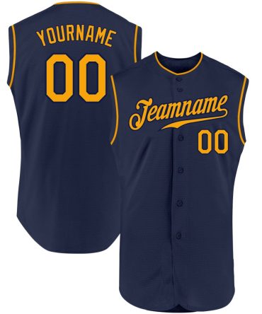Custom Navy Gold Authentic Sleeveless Baseball Jersey