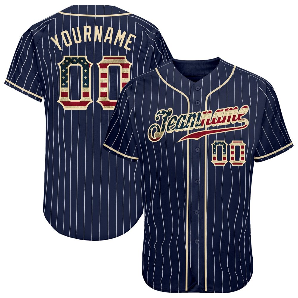 Custom Navy White Pinstripe Vintage Usa Flag-Cream Authentic Baseball Jersey