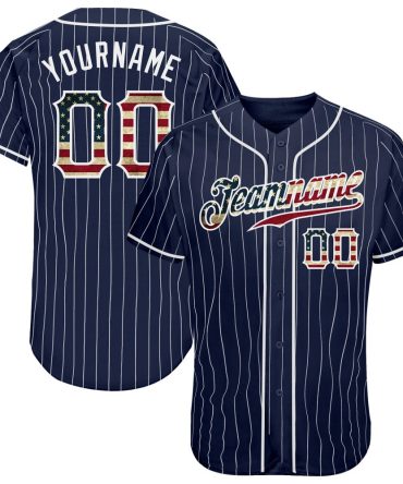 Custom Navy White Pinstripe Vintage Usa Flag-White Authentic Baseball Jersey