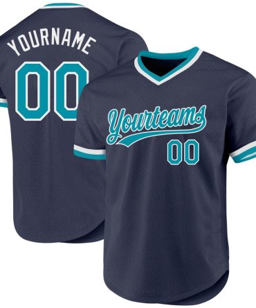 Custom Navy Teal-White Authentic Throwback Baseball Jersey