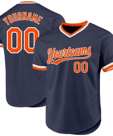 Custom Navy Orange-White Authentic Throwback Baseball Jersey