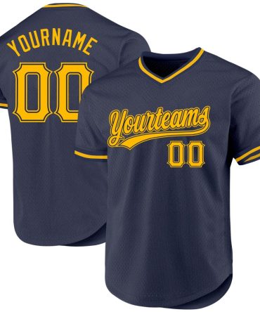 Custom Navy Gold Authentic Throwback Baseball Jersey