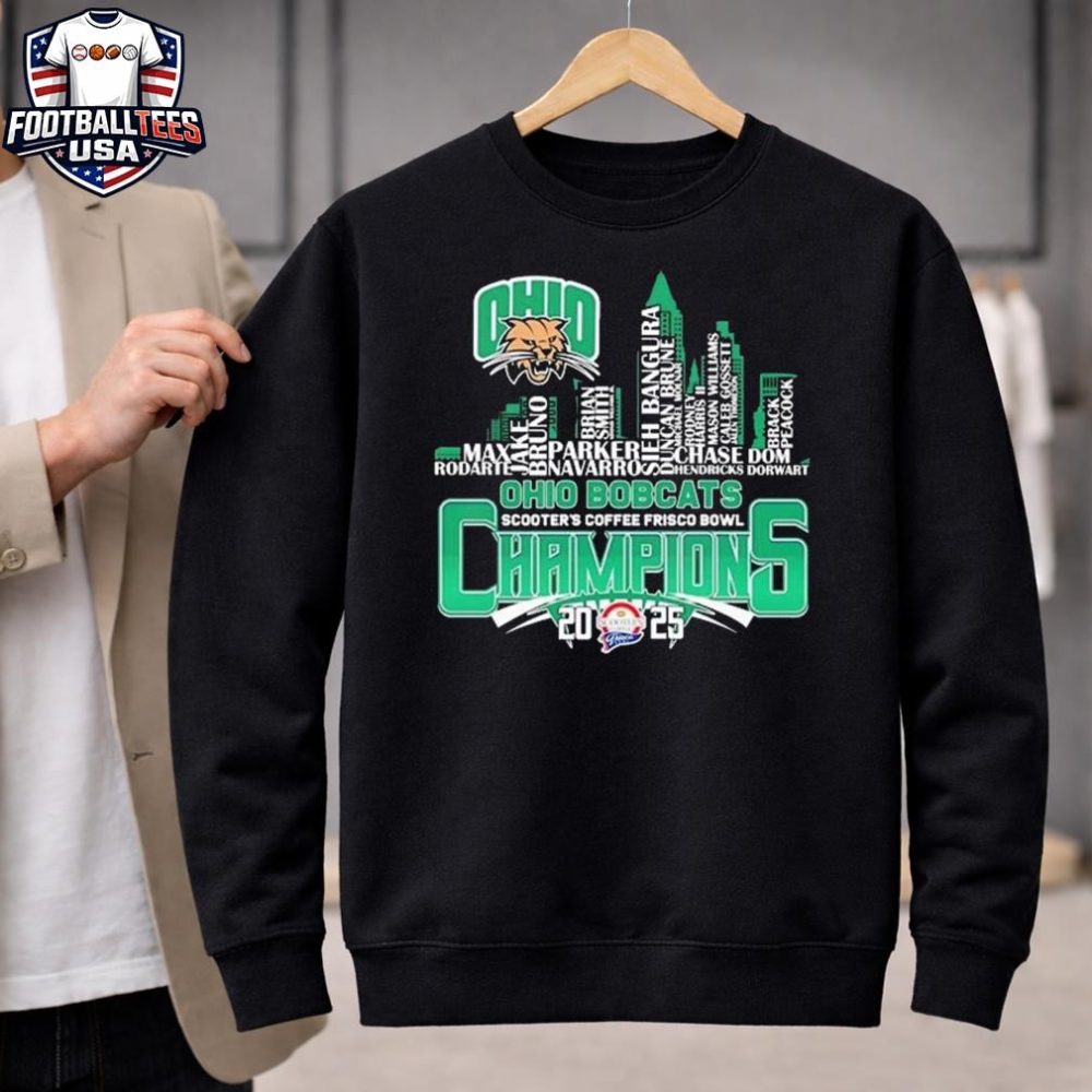 Ohio Bobcats Scooter'S Coffee Frisco Bowl Champions 2025 Football Player Names Logo Unisex Shirt - Image 2
