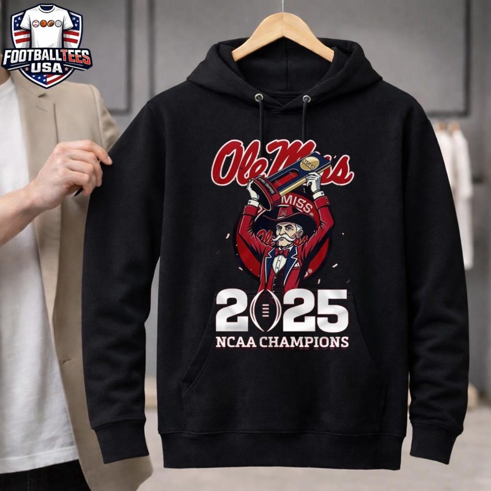 Ole Miss Rebels 2025 Ncaa Champions Mascot Trophy Unisex Shirt - Image 3