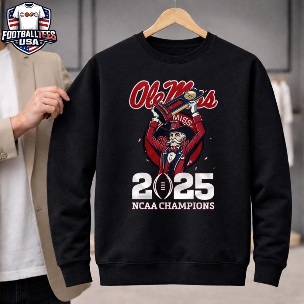 Ole Miss Rebels 2025 Ncaa Champions Mascot Trophy Unisex Shirt - Image 2