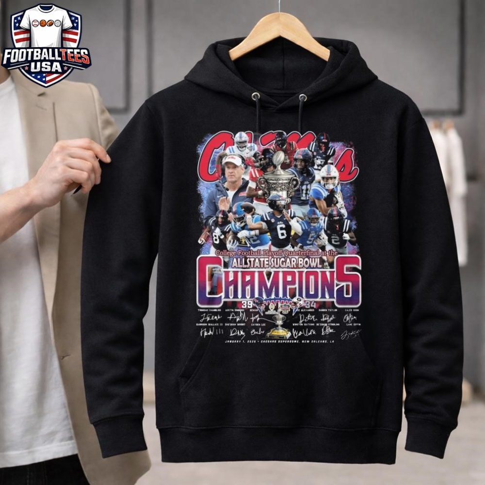 Ole Miss Rebels College Football Playoff Quarterfinal At The Allstate Sugar Bowl Champions 39-34 Score All Players Signatures Unisex Shirt - Image 3
