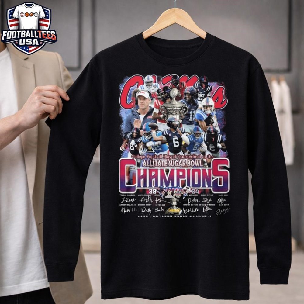 Ole Miss Rebels College Football Playoff Quarterfinal At The Allstate Sugar Bowl Champions 39-34 Score All Players Signatures Unisex Shirt - Image 4