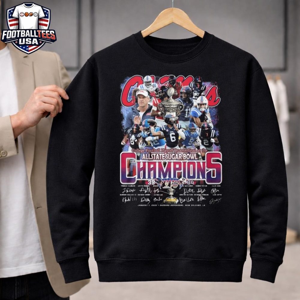 Ole Miss Rebels College Football Playoff Quarterfinal At The Allstate Sugar Bowl Champions 39-34 Score All Players Signatures Unisex Shirt - Image 2