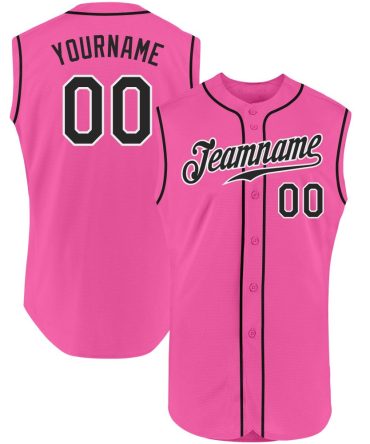 Custom Pink Black-White Authentic Sleeveless Baseball Jersey