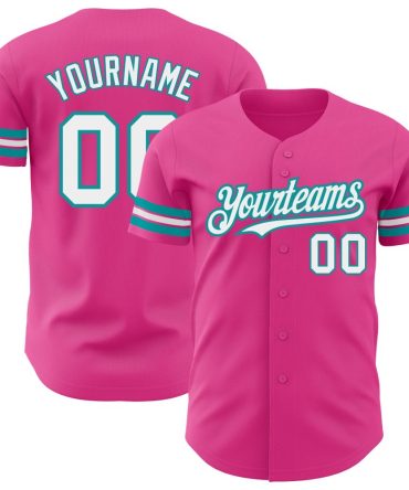 Custom Pink White-Teal Authentic Baseball Jersey