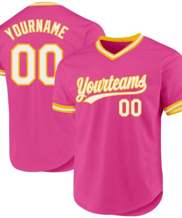 Custom Pink White-Gold Authentic Throwback Baseball Jersey
