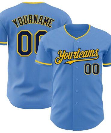 Custom Powder Blue Navy-Yellow Authentic Baseball Jersey
