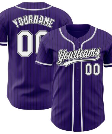 Custom Purple Black Pinstripe White-Gray Authentic Baseball Jersey