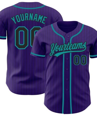 Custom Purple Black Pinstripe Teal Authentic Baseball Jersey