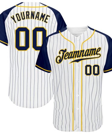 Custom White Navy Pinstripe Navy-Gold Authentic Raglan Sleeves Baseball Jersey