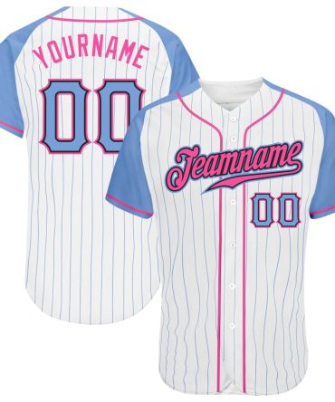 Custom White Light Blue Pinstripe Light Blue-Pink Authentic Raglan Sleeves Baseball Jersey