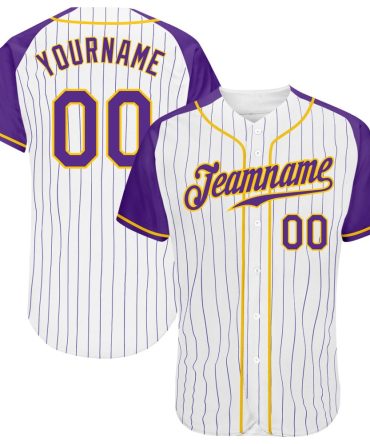 Custom White Purple Pinstripe Purple-Gold Authentic Raglan Sleeves Baseball Jersey