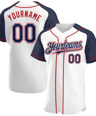 Custom White Navy-Red Authentic Raglan Sleeves Baseball Jersey