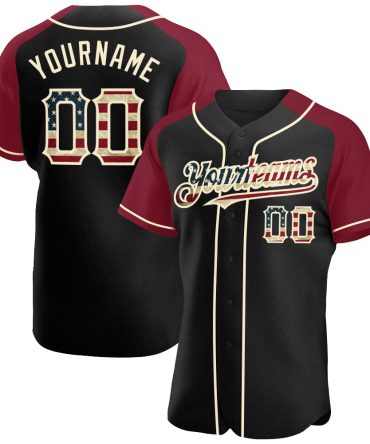 Custom Black Vintage Usa Flag Crimson-Cream Authentic Raglan Sleeves Baseball Jersey