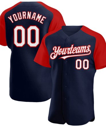 Custom Navy White-Red Authentic Raglan Sleeves Baseball Jersey