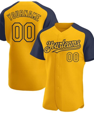 Custom Gold Navy Authentic Raglan Sleeves Baseball Jersey
