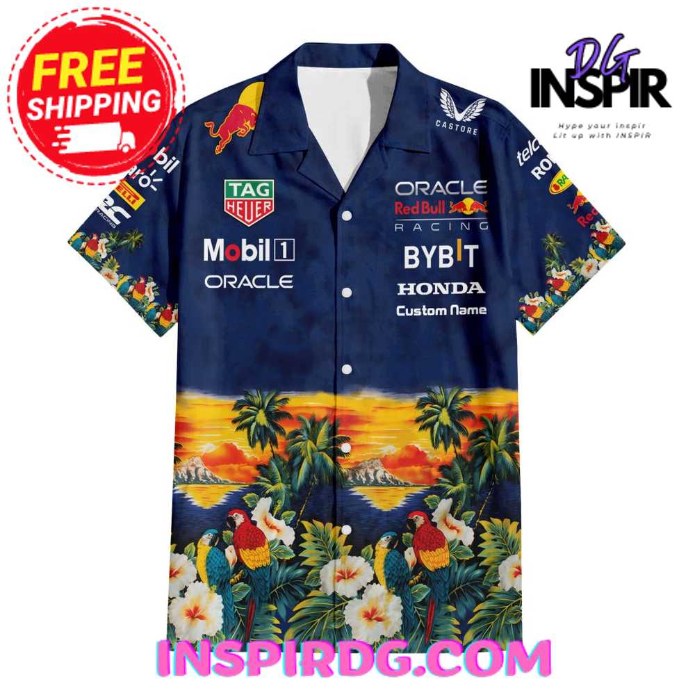 Red Bull Mobil 1 Oracle Racing Black Sunset Blue Hawaiian Shirt - Image 2