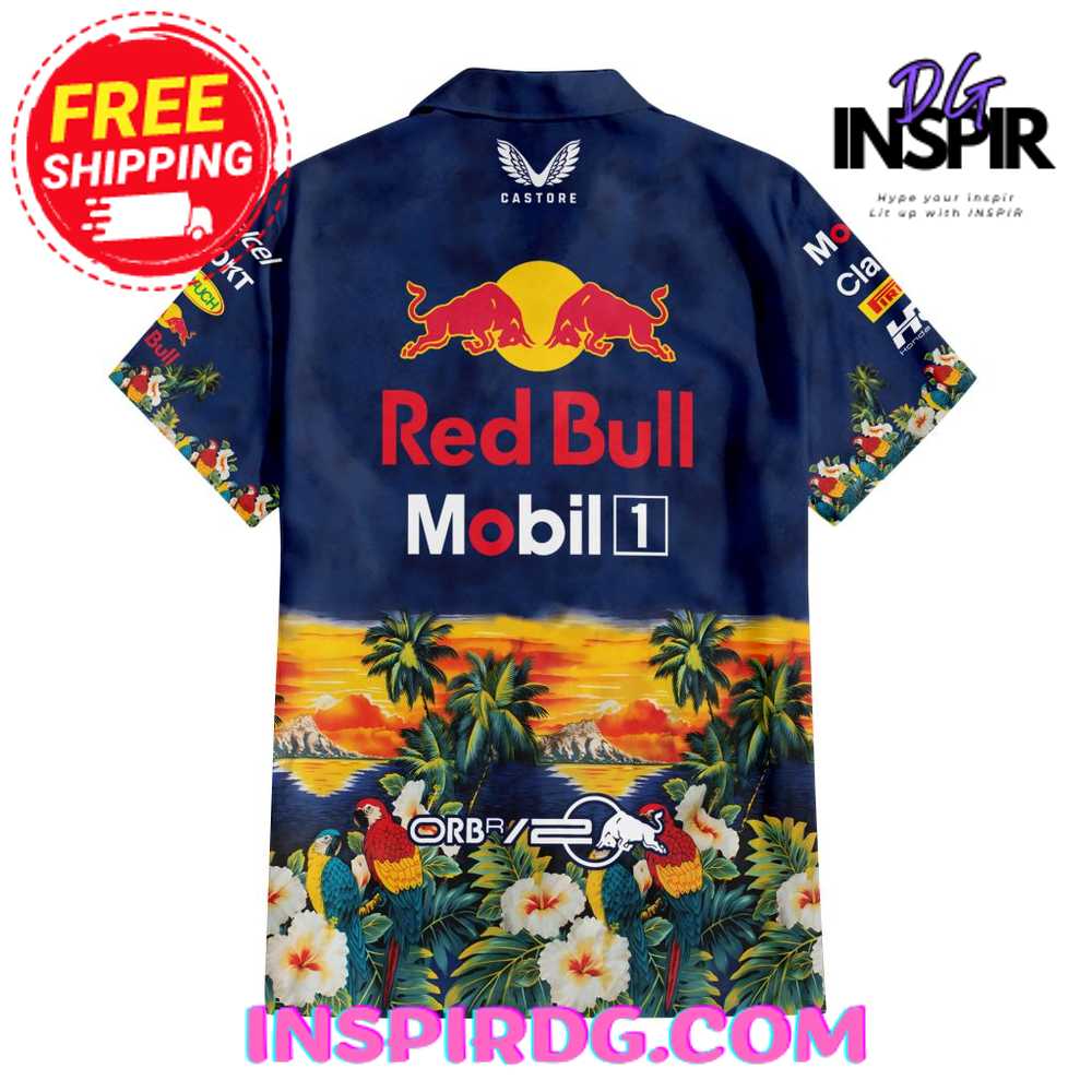 Red Bull Mobil 1 Oracle Racing Black Sunset Blue Hawaiian Shirt - Image 3