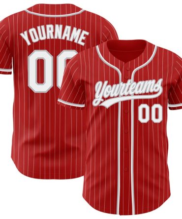 Custom Red White Pinstripe Gray Authentic Baseball Jersey