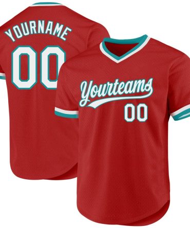 Custom Red White-Teal Authentic Throwback Baseball Jersey