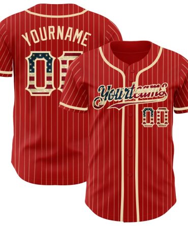 Custom Red Cream Pinstripe Vintage Usa Flag Authentic Baseball Jersey