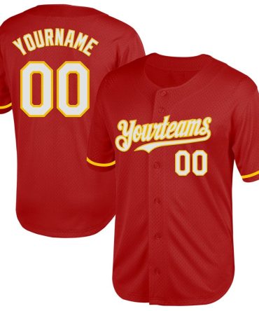 Custom Red White-Yellow Mesh Authentic Throwback Baseball Jersey