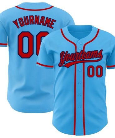 Custom Sky Blue Red-Navy Authentic Baseball Jersey
