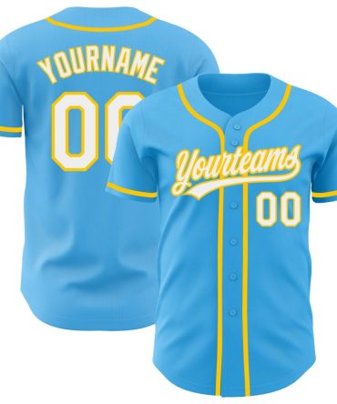 Custom Sky Blue White-Yellow Authentic Baseball Jersey