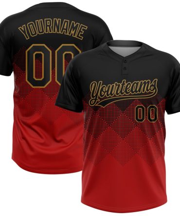 Custom Red Black-Old Gold 3D Pattern Gradient Square Shapes Two-Button Unisex Softball Jersey