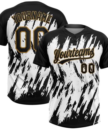 Custom White Black-Old Gold 3D Pattern Two-Button Unisex Softball Jersey