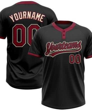 Custom Black Crimson-Cream Two-Button Unisex Softball Jersey
