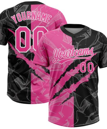 Custom Graffiti Pattern Pink-Black 3D Two-Button Unisex Softball Jersey