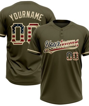Custom Olive Vintage Usa Flag-City Cream Salute To Service Two-Button Unisex Softball Jersey
