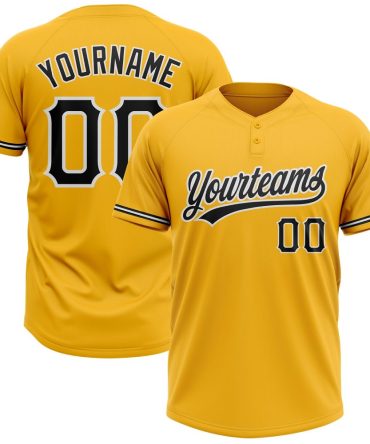 Custom Gold Black-White Two-Button Unisex Softball Jersey