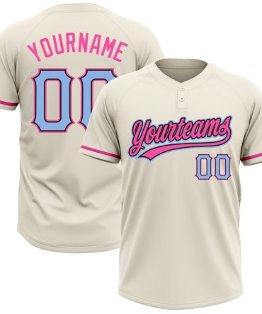 Custom Cream Light Blue Black-Pink Two-Button Unisex Softball Jersey