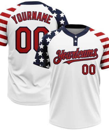 Custom White Red-Navy 3D American Flag Fashion Two-Button Unisex Softball Jersey
