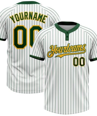 Custom White Green Pinstripe Gold Two-Button Unisex Softball Jersey