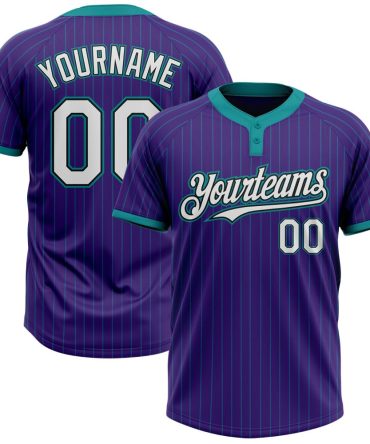 Custom Purple Teal Pinstripe White-Black Two-Button Unisex Softball Jersey